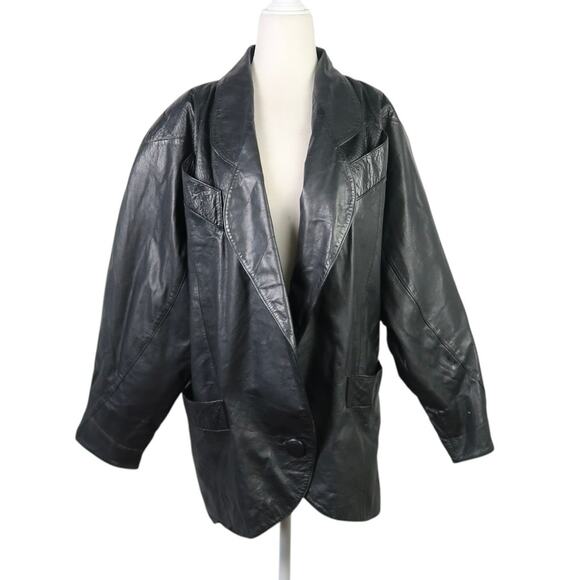 Vintage 80s Switzer's Black Leather Dolman Sleeve Jacket Womens M - Picture 1 of 10